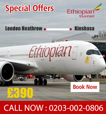 london Heathrow to Kinshasa with Ethiopian